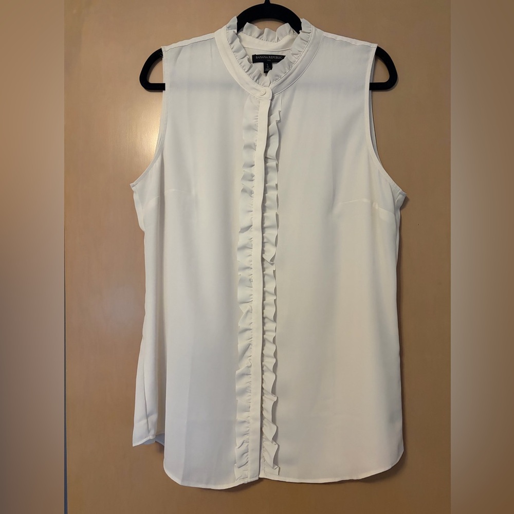 Banana Republic White Sleeveless Ruffle-Front Shirt